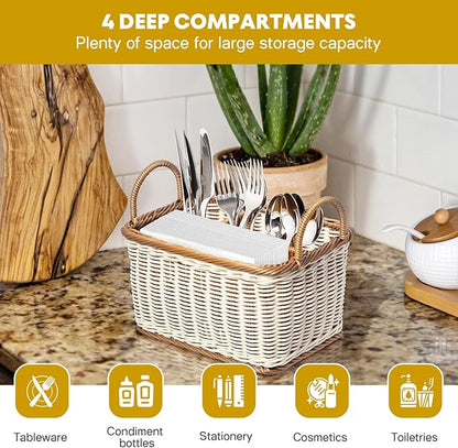 Cabilock Silverware Caddy Woven Basket Cutlery Holder, Napkin and Utensil Picnic Basket Silverware Organizer Utensil Holder for Kitchen Countertop with Handle