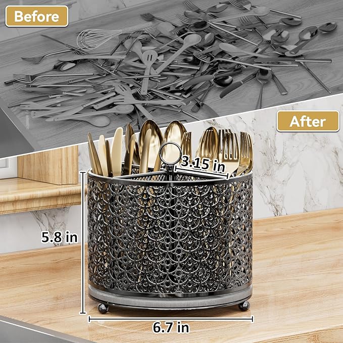 OVICAR 360° Rotating Utensil Holder Caddy - Fast-Drying Silverware Flatware Organizer - 4 Compartment Large Cutlery Holder with Handle For Kitchen Countertop Party Office Picnic Table Black