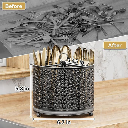 OVICAR 360° Rotating Utensil Holder Caddy - Fast-Drying Silverware Flatware Organizer - 4 Compartment Large Cutlery Holder with Handle For Kitchen Countertop Party Office Picnic Table Black