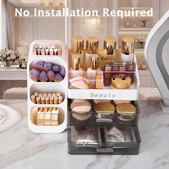 Makeup Organizer for Vanity with Brush Holder, Countertop Makeup organizer with Drawers for Skincare, Cosmetics, Perfumes, Eyeshadow Palettes, Spacious Cosmetic storage organizer