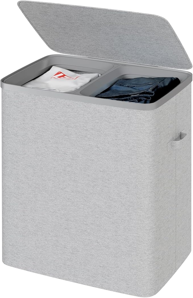 Dual Section 90 liter/23.8 gallon Laundry Hamper Separation Basket with lid, 2 Removable Washing Bags with Handles,Large Laundry Sorter for Easy Clothes Separation - Gray