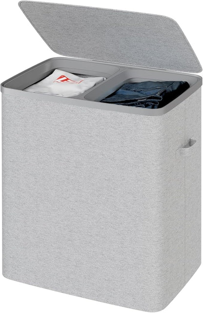 Dual Section 90 liter/23.8 gallon Laundry Hamper Separation Basket with lid, 2 Removable Washing Bags with Handles,Large Laundry Sorter for Easy Clothes Separation - Gray