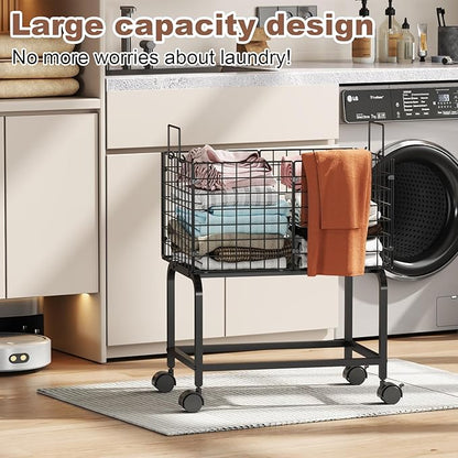 Wire Laundry Hamper Cart,Rolling Laundry Carts with Pull Handle,Black Tall Laundry Basket,Commercial Wire Laundry Hamper Cart-23.6 * 15.75 * 28 inches