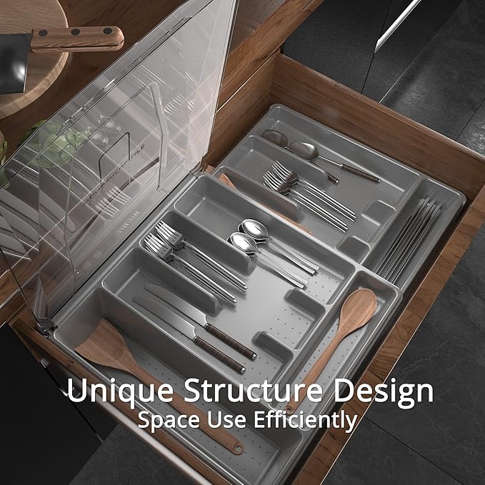 GoCozy Silverware Organizer with Lid, 9 Compartments Flatware Organizer, Plastic Utensil Holder for Countertop, Silverware Tray for Drawer, Gray