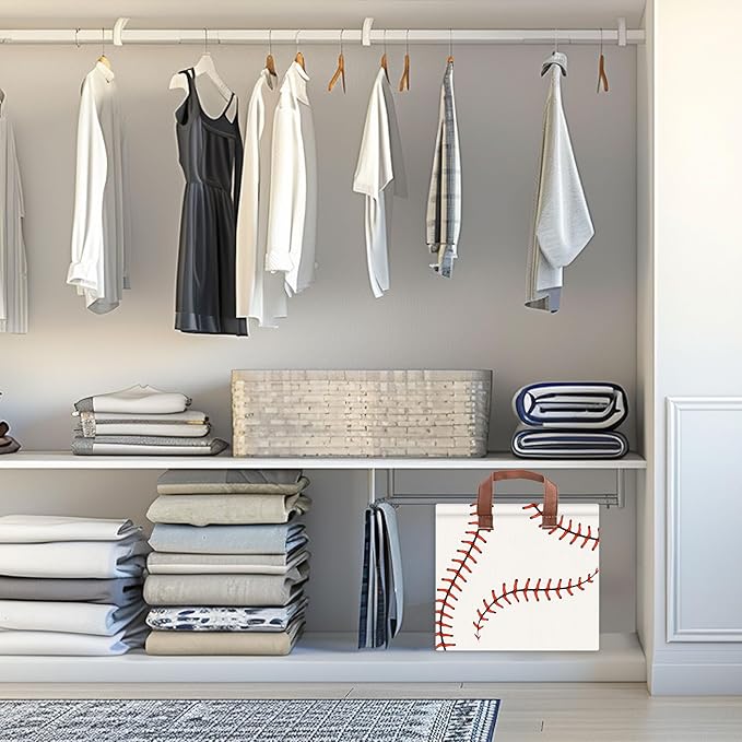 Baseball Decor Storage Basket Waterproof Canvas Toy Storage Bin Baseball Room Decor Collapsible Outdoor Basket with Leather Handles Blanket Baskets For Closets,Bedrooms,Gifts Baskets