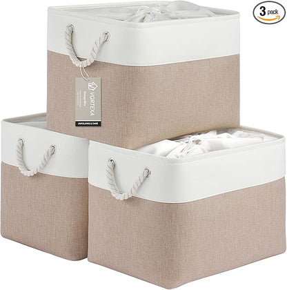 Large Storage Baskets- 16x12x12 inch Storage Bins for Shelves and Closet Organizing, Foldable Fabric Bin for Home Organization Clothes and Laundry (3-Pack, White&Khaki)