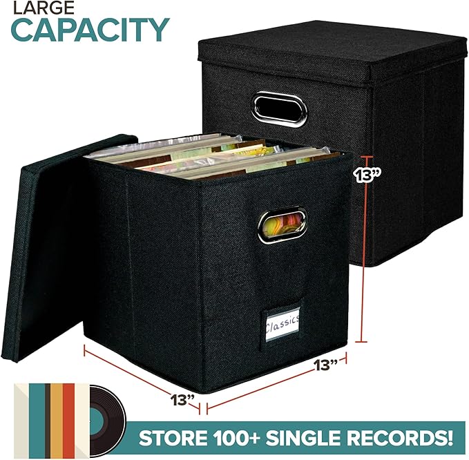 Set of 2 Vinyl Record Storage Box for up to 50+ 12-Inch Albums, Records Crate, LP Album Storage, Fabric Storage Boxes with Lids for Moving, Office, Closet, Home Organizer 13x13x13 (Black)