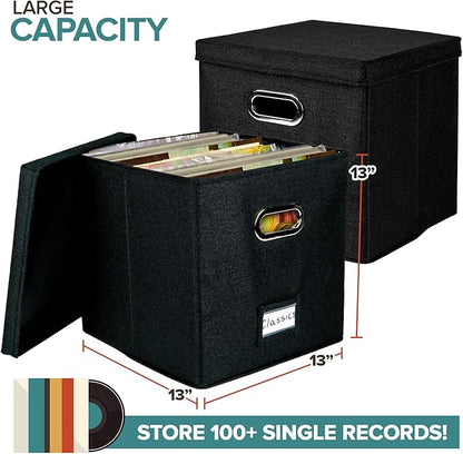 Set of 2 Vinyl Record Storage Box for up to 50+ 12-Inch Albums, Records Crate, LP Album Storage, Fabric Storage Boxes with Lids for Moving, Office, Closet, Home Organizer 13x13x13 (Black)