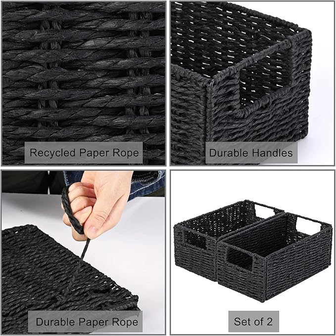 Vagusicc Wicker Storage Basket, Set of 2 Hand-Woven Paper Rope Wicker Basket, Small Storage Baskets for Organizing Toilet Paper Basket, Foldable Large Cube Storage Organizer Bins for Shelves (Black)