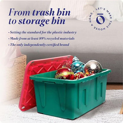 HOMZ 4-Pack Durabilt, Heavy Duty Plastic Storage Bins with Lids, 27 Gallon, Red/Green - Stackable Container Boxes for Holiday, Attic, and Garage Organization