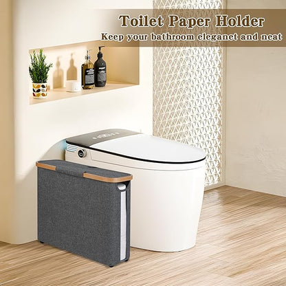 Toilet Paper Storage Basket with Lid - The Ultimate Bathroom Organizer, Free Standing Toilet Paper Holder for Up to 9 Mega Rolls, Toilet Tissue Storage Bin with Handle for RV Closet, Grey