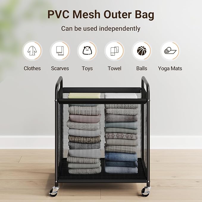 ELYKEN Laundry Hamper 2 Section, 100L Rolling Laundry Sorter with Removable Liner Bag, Laundry Basket with Wheels, Steel Frame with Metal Handle, Clothes Hamper Cart for Laundry Room & Bedroom