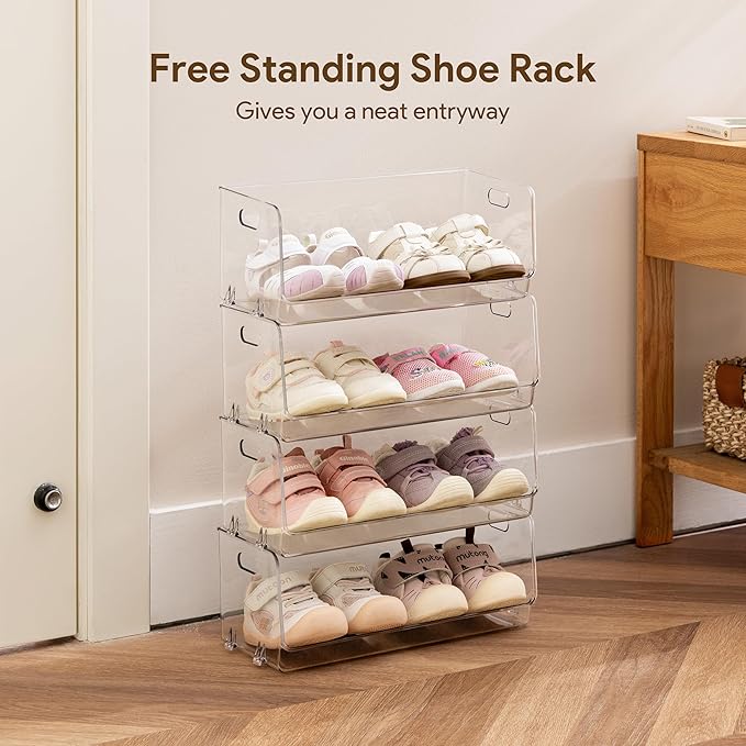 HBlife Clear Acrylic Kids Shoe Rack Baby Toddler Shoe Storage Organizer for Closet Floor Entryway Bedroom, 4 Tier Stackable Small Shoe Rack Shelf Display Stand