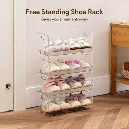 HBlife Clear Acrylic Kids Shoe Rack Baby Toddler Shoe Storage Organizer for Closet Floor Entryway Bedroom, 4 Tier Stackable Small Shoe Rack Shelf Display Stand