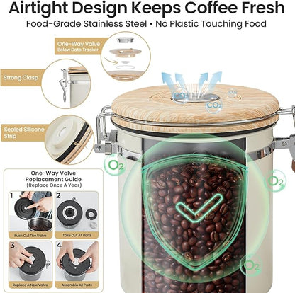 Veken Coffee Canister, Airtight Stainless Steel Kitchen Food Storage Container with Date Tracker and Scoop for Beans, Grounds, Tea, Flour, Cereal, Sugar, Cookie, 16OZ, Cream