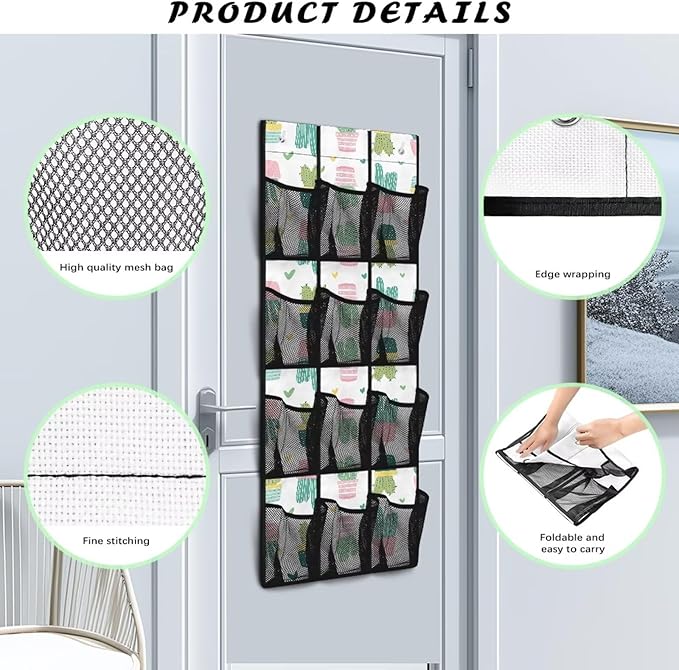 12 Large Mesh Pockets Cactus Print Over the Door Shoe Organizer Sturdy Oxford Fabric Hanging Shoe Rack for Closet Organizers and Storage