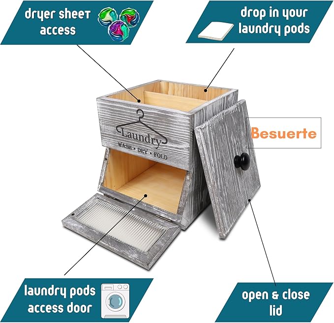 Farmhouse Dryer Sheets Holder & Laundry Pod Container, Rustic Grey Wooden Laundry Pod Dispenser, Dryer Sheets Container Laundry Room Organizers And Storage