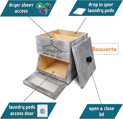 Farmhouse Dryer Sheets Holder & Laundry Pod Container, Rustic Grey Wooden Laundry Pod Dispenser, Dryer Sheets Container Laundry Room Organizers And Storage
