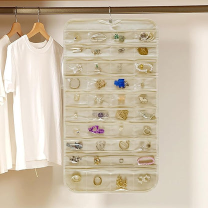 Hanging Jewelry Organizer Storage Roll with Hanger Metal Hooks Double-Sided Jewelry Holder for Necklaces, Earrings, Rings on Door, Wall, Closet, 80 Pocket Organizer,Beige