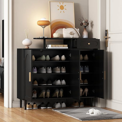 JIVOIT Shoe Cabinet with Adjustable Shelves and Drawer, Cream Style Storage Sideboard with Arched Doors, Solid Wood Legs, Wood Shoe Rack for Entryway, Living Room (Black,164)