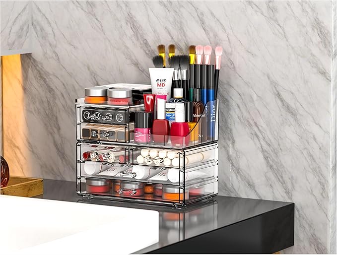 Cq acrylic Make Up Organizers for Vanity With 6 Drawers, 2 Pack Clear Drawer Organizers,Plastic Cute Desk Accessories Organization and Bathroom Organizers Storage Case Box Cube for Beauty,Skin Care