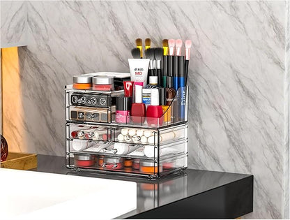 Cq acrylic Make Up Organizers for Vanity With 6 Drawers, 2 Pack Clear Drawer Organizers,Plastic Cute Desk Accessories Organization and Bathroom Organizers Storage Case Box Cube for Beauty,Skin Care