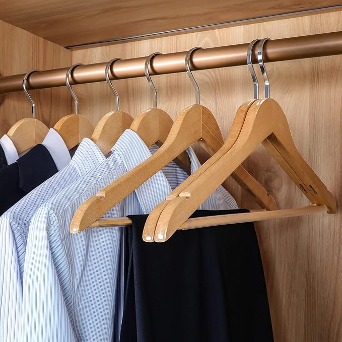 TOPIA Premium Wooden Hangers with Extra Thick Hook and Non Slip Pants Bar, Luxury Suit Hangers for Closet with Notches for Shirts - 16 Pack - CT01N