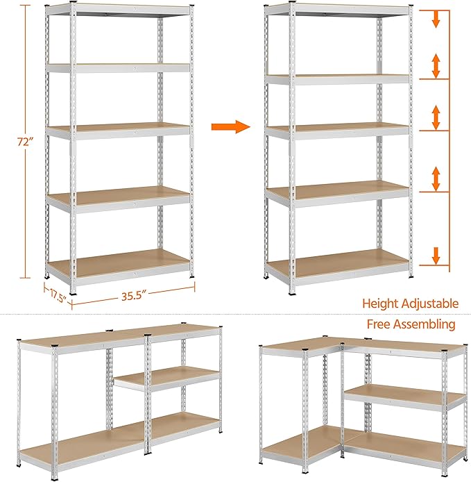 Topeakmart 3PCS 5-Tier Utility Shelves, Metal Storage Shelves Garage Shelving Unit Adjustable Garage Storage Shelves Storage Racks Heavy Duty Shed Shelving- Silver, 35.5 x 17.5 x 72 Inch