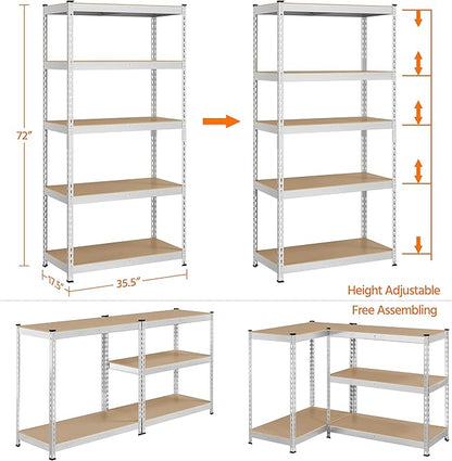 Topeakmart 4PCS 5-Tier Utility Shelves, Metal Storage Shelves Garage Shelving Unit Adjustable Garage Storage Shelves Storage Racks Heavy Duty Shed Shelving- Silver, 35.5 x 17.5 x 72 Inch