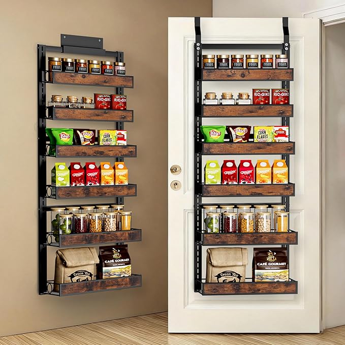6 Tier Over The Door Pantry Orangizer 2 IN 1 Wall Mounted or Hanging Spice Rack with Adjustable Wood Basket,Heavy Duty Seasoning Storage Shelf for Kitchen Pantry and Bathroom