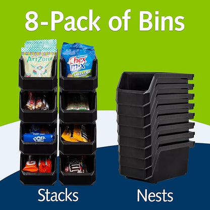 ReadySpace Plastic Containers for Organizing and Storage Bins for Closet, Kitchen, Office, Garage or Pantry Organization, Stackable Bins, Medium (11" x 5" x 5.5"), 8-Pack, Black