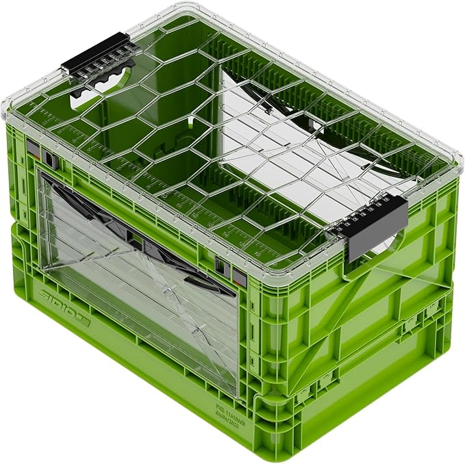 SIDIO Full-Size Collapsible Crate - Heavy Duty Stackable Storage Bin with Lid & 2 Short-Ways Dividers, Durable Plastic Organizer for Home, Office, Garage & Outdoor Use (Slime)