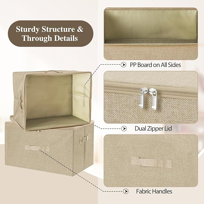 ANMINY Storage Bins with Zipper Lids 13 Qt Lidded Fabric Storage Boxes Baskets Cubes with Handles Collapsible Washable Cotton Linen Closet Shelf Clothes Organizer Containers - Beige, Small