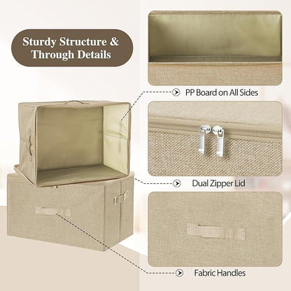 ANMINY Storage Bins with Zipper Lids 13 Qt Lidded Fabric Storage Boxes Baskets Cubes with Handles Collapsible Washable Cotton Linen Closet Shelf Clothes Organizer Containers - Beige, Small