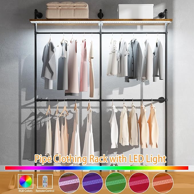 Industrial Pipe Clothing Racks with Shelves & LED Lights, 79" Wall Mounted Clothes Rack for Hanging Clothes, Heavy Duty Industrial Pipe Shelving for Walk-in Closet Storage, Black