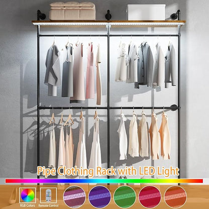 Industrial Pipe Clothing Racks with Shelves & LED Lights, 79" Wall Mounted Clothes Rack for Hanging Clothes, Heavy Duty Industrial Pipe Shelving for Walk-in Closet Storage, Black
