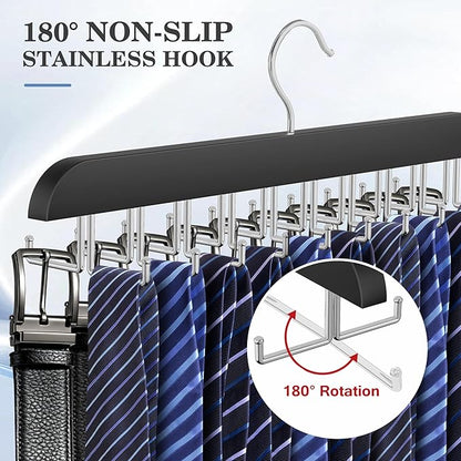Tie Rack Hanger for Closet 20 Foldable Hooks, 2 Pack Wooden Non Slip Large Capacity Space Saving Tie and Belt Organizer with 360° Rotating Hooks for Tank Tops Bras Scarves Hat