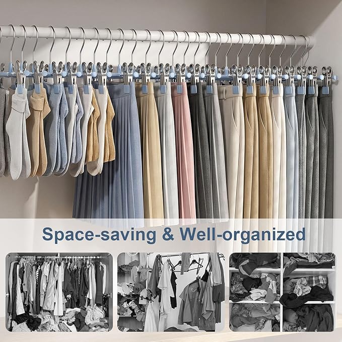 POZEAN Pants Hangers with Clips for Women 30 Pack, 12Inch Adjustable Heavy Duty Skirt Hangers, Space Saving Non-Slip Shorts Jeans Trousers Clothes Hangers, Blue