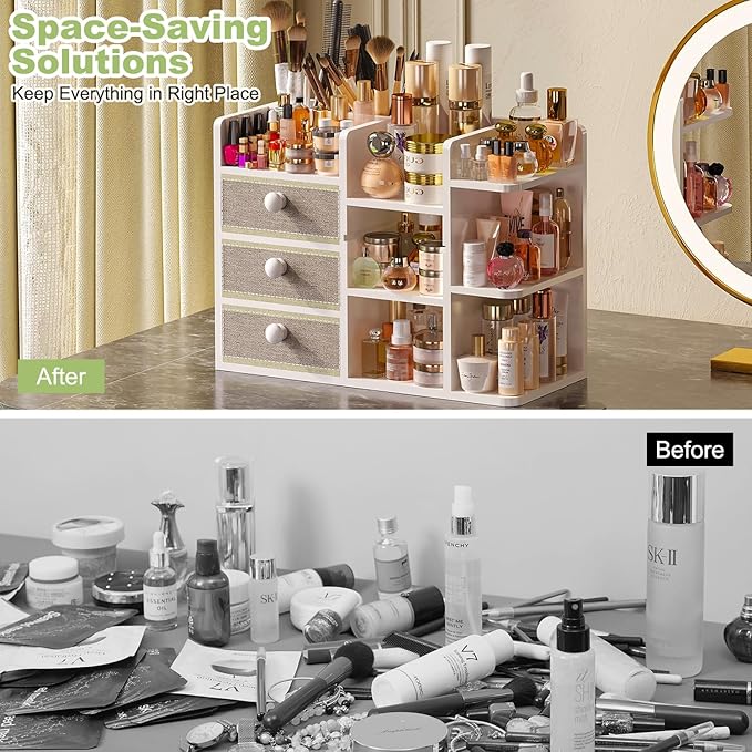 Large Makeup Organizer Countertop With Brush Holder Drawer For Vanity,Bamboo Bathroom Counter Organizers And Storage,Cosmetic Skincare Perfume Organizer,Easy To Store Nail Polish, Lipstick, Eyeshadow