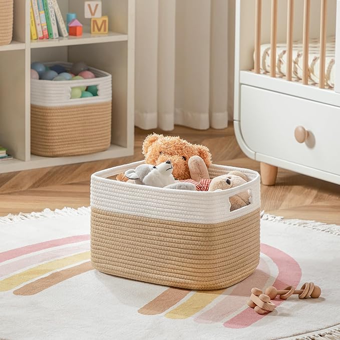 UBBCARE 4 Pack Storage Baskets for Organizing, Shelf Baskets with Handles, Woven Storage Baskets for Bookcase/Cube Shelf/Closet, 14.5"L x 9.8"W x 9"H, White&Brown