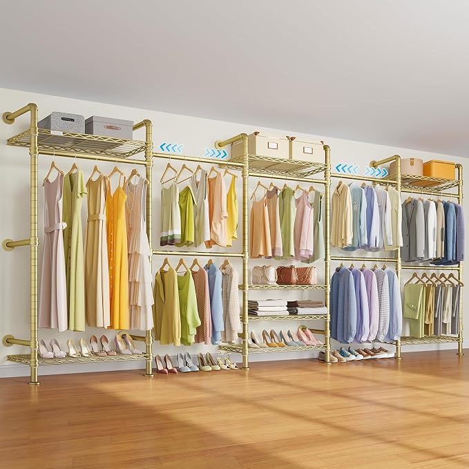 Timate F5 Expandable Wall Mounted Clothes Rack with 8 Adjustable Shelves & 4 Expandable Hanger Rods, Heavy Duty Industrial Pipe Clothing Rack for Hanging Clothes, Fits Spaces 10'3"- 12'3", Gold