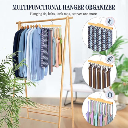 2PC Tie Rack Hanger for Closet Fitnice Upgraded Non Slip Tie Holder Organizer Space Saving with 20 Foldable Hooks Wooden Belt Hanger for Tank Tops Bras Cami Scarves