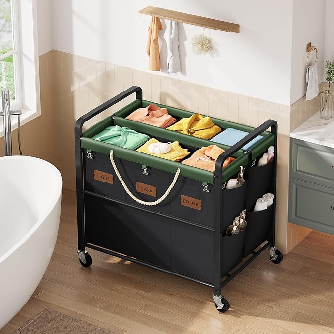 Tajsoon 350L Extra Large Laundry Sorter 6 Section, Heavy Duty Laundry Basket with Lockable Wheels, Laundry Cart with Sturdy Metal Frame, Leather Patchwork Laundry Separated with Removable Bags, Black