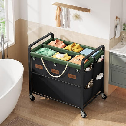 Tajsoon 350L Extra Large Laundry Sorter 6 Section, Heavy Duty Laundry Basket with Lockable Wheels, Laundry Cart with Sturdy Metal Frame, Leather Patchwork Laundry Separated with Removable Bags, Black