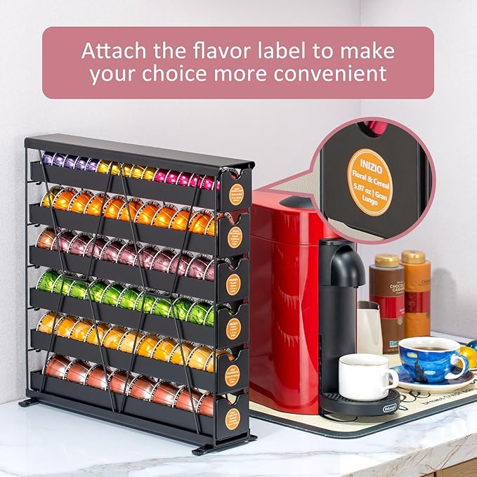 FlagShip 6-Tier Vertuo Pod Holder for Nespresso - 60+ Capsule Max Capacity Metal Rack, Ultra-Efficient Corner Storage Space Saving Design