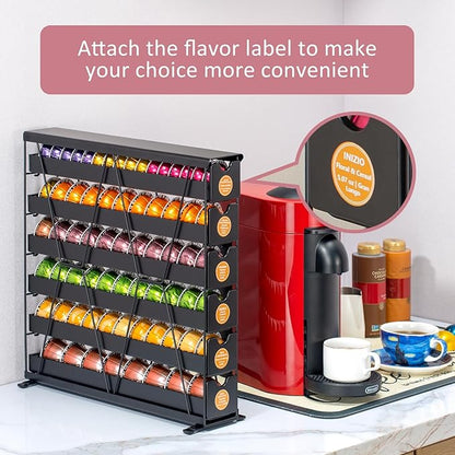FlagShip 6-Tier Vertuo Pod Holder for Nespresso - 60+ Capsule Max Capacity Metal Rack, Ultra-Efficient Corner Storage Space Saving Design