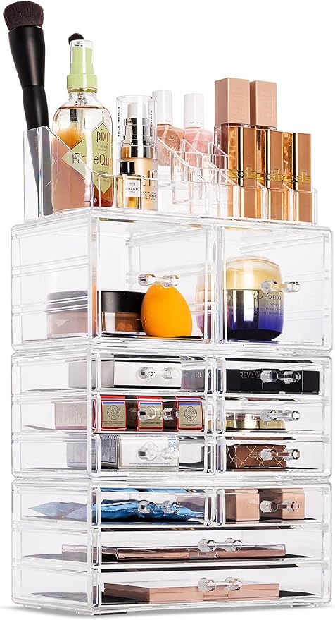 Sorbus Large Makeup Organizer - Clear Stackable Jewelry Makeup Organizer for Vanity, Bathroom Storage Display Case - 12 Drawers Cosmetic Beauty Organizers and Storage with Lipstick Makeup Brush Holder