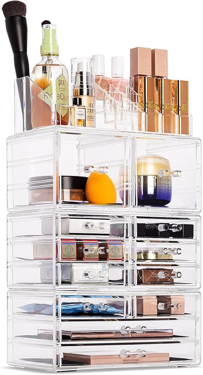 Sorbus Large Makeup Organizer - Clear Stackable Jewelry Makeup Organizer for Vanity, Bathroom Storage Display Case - 12 Drawers Cosmetic Beauty Organizers and Storage with Lipstick Makeup Brush Holder