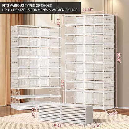CIMLORD 9-Tier Foldable Shoe Rack for Closet Entryway 18-36Pairs,Stackable Clear Shoe Storage Boxes Organizer with Door Plastic Shoe Cabinet Bins with Lids Shoes Shelf Easy Assembly Large White
