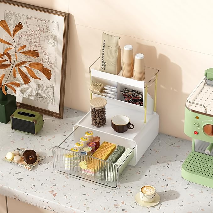 FOLLOWIN Bathroom Counter Organizer with Drawer, Dresser Top Organizer with Make Up Brush Holder, Makeup Shelf, Vanity Organizers, Cosmetic Perfume Organizer, Clear